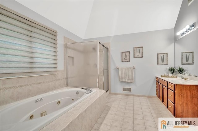 2 Danser Dr, Cranbury, NJ 08512 - full bath featuring a shower stall, a tub with jets, double vanity, tile patterned floors, and high vaulted ceiling