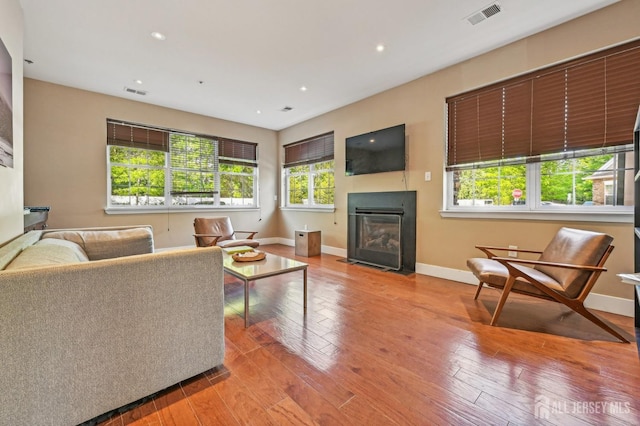 living room with a wealth of natural light and light hardwood / wood-style flooring