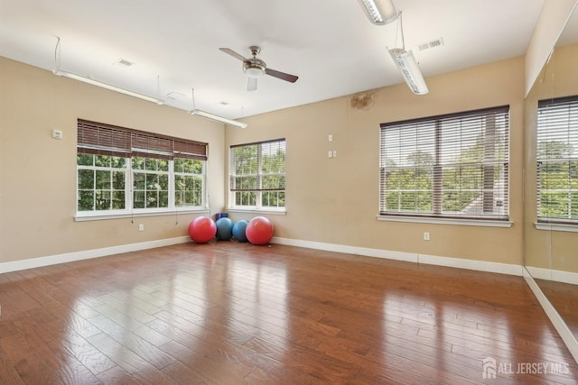 workout area with a wealth of natural light, ceiling fan, and hardwood / wood-style flooring