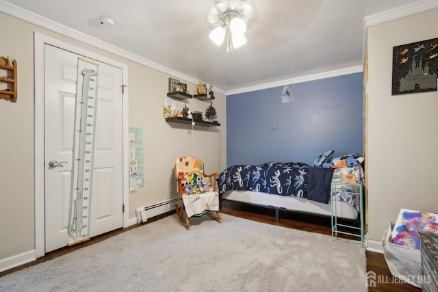 51 Greenbrook Rd, Middlesex, NJ 08846 - bedroom featuring crown molding, baseboard heating, wood finished floors, and a ceiling fan