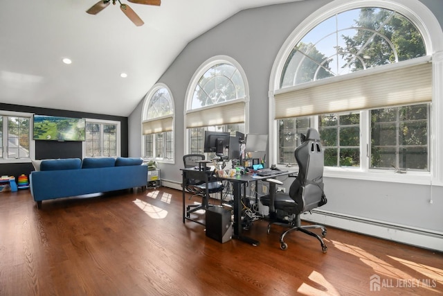 51 Greenbrook Rd, Middlesex, NJ 08846 - dining area with vaulted ceiling, a desk, ceiling fan, wood finished floors, and a baseboard radiator