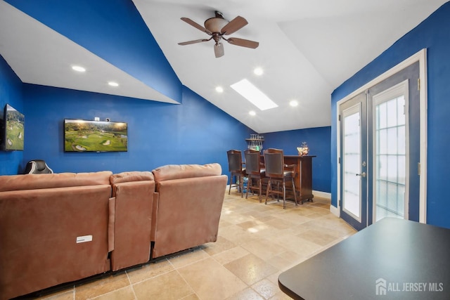 51 Greenbrook Rd, Middlesex, NJ 08846 - living area featuring vaulted ceiling, a bar, a ceiling fan, and recessed lighting