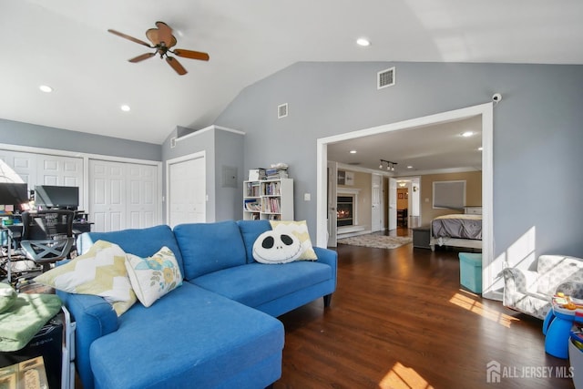 51 Greenbrook Rd, Middlesex, NJ 08846 - living room featuring a ceiling fan, lofted ceiling, wood finished floors, an office area, and recessed lighting