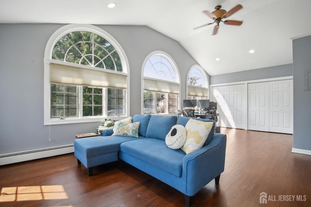 51 Greenbrook Rd, Middlesex, NJ 08846 - living area with a baseboard heating unit, vaulted ceiling, a ceiling fan, wood finished floors, and recessed lighting