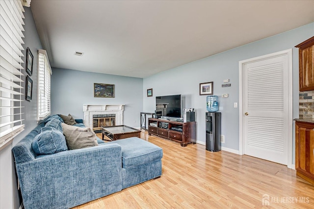 21 Stonewall Dr, Edison, NJ 08820 - living room featuring light wood-type flooring, visible vents, a fireplace, and baseboards