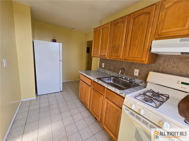 2271 John F Kennedy Blvd Unit 304, Jersey City, NJ 07304 - kitchen featuring white appliances, under cabinet range hood, light tile patterned floors, decorative backsplash, and brown cabinets
