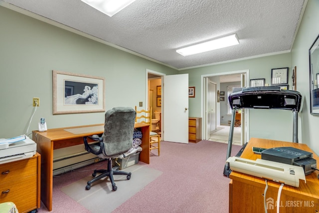 152 Chatham Dr Unit A, Monroe, NJ 08831 - home office featuring baseboard heating, carpet flooring, a textured ceiling, and crown molding
