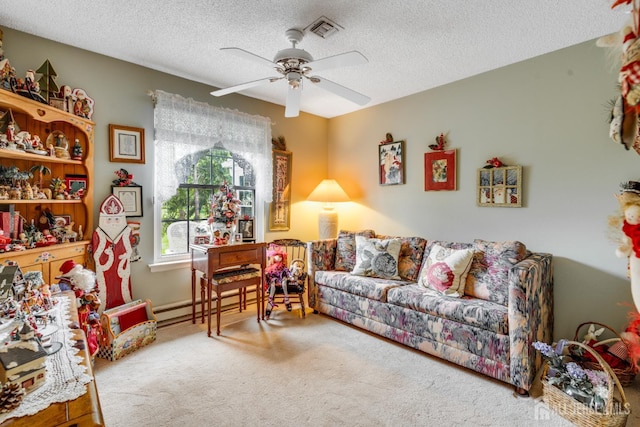 152 Chatham Dr Unit A, Monroe, NJ 08831 - living room with carpet flooring, a ceiling fan, baseboard heating, and a textured ceiling