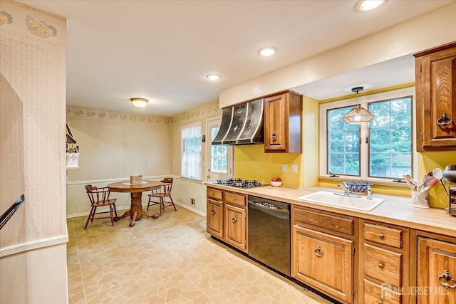 4 Bodnarik Rd, Edison, NJ 08837 - kitchen featuring dishwasher, wall chimney range hood, brown cabinets, wallpapered walls, and recessed lighting