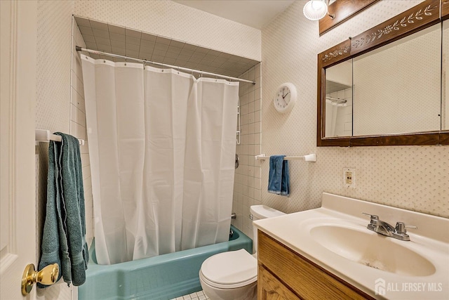 4 Bodnarik Rd, Edison, NJ 08837 - bathroom featuring wallpapered walls, vanity, and shower / bathtub combination with curtain