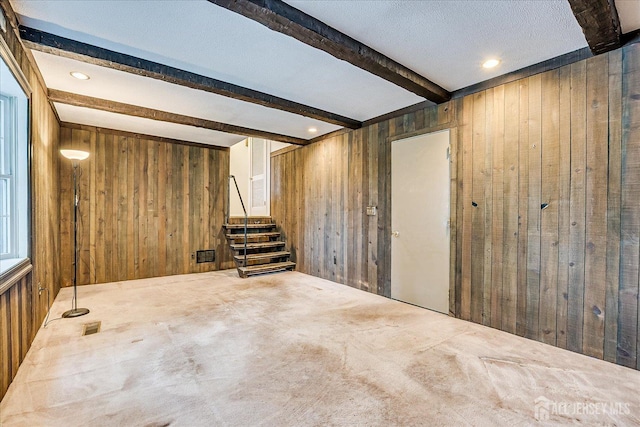 4 Bodnarik Rd, Edison, NJ 08837 - basement with wood walls, stairs, carpet flooring, and recessed lighting