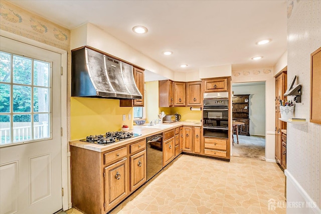 4 Bodnarik Rd, Edison, NJ 08837 - kitchen featuring black appliances, wall chimney range hood, a warming drawer, plenty of natural light, and wallpapered walls
