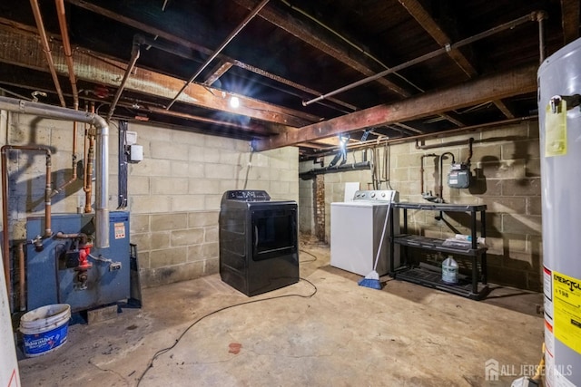 104 Old Matawan Rd, Old Bridge, NJ 08857 - unfinished basement featuring washer and clothes dryer, a heating unit, and gas water heater