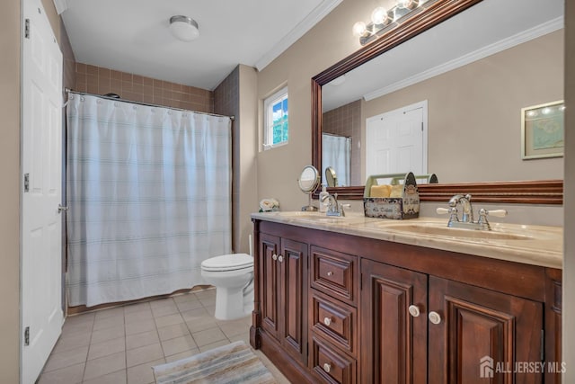 full bath with tile patterned flooring, ornamental molding, double vanity, toilet, and a shower with shower curtain