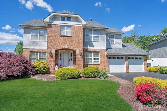view of front of property with driveway, brick siding, a front lawn, and a garage
