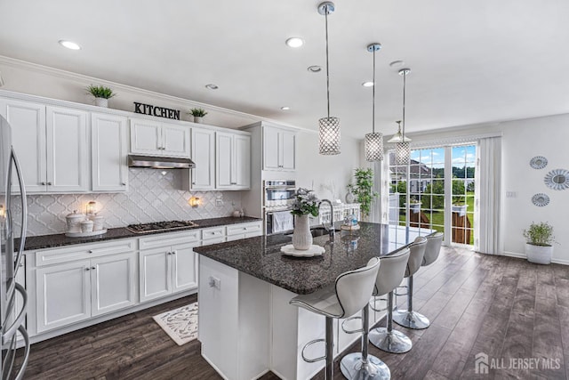 18 Larkspur Ln, Monroe, NJ 08831 - kitchen featuring appliances with stainless steel finishes, dark wood-style floors, tasteful backsplash, white cabinetry, and recessed lighting