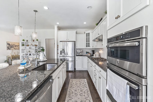 18 Larkspur Ln, Monroe, NJ 08831 - kitchen featuring appliances with stainless steel finishes, white cabinetry, dark wood-style flooring, glass insert cabinets, and recessed lighting