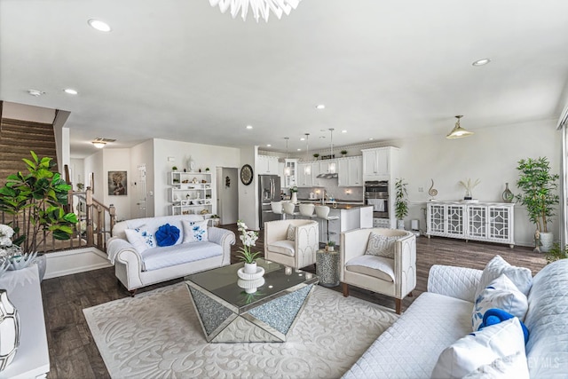 18 Larkspur Ln, Monroe, NJ 08831 - living area featuring stairway, dark wood-type flooring, and recessed lighting