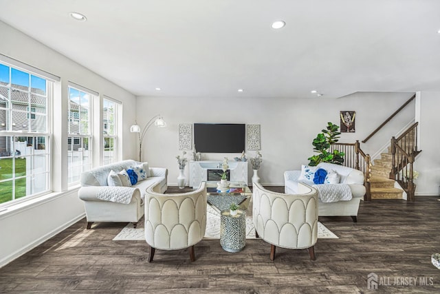 18 Larkspur Ln, Monroe, NJ 08831 - living area featuring wood finished floors, stairway, and recessed lighting