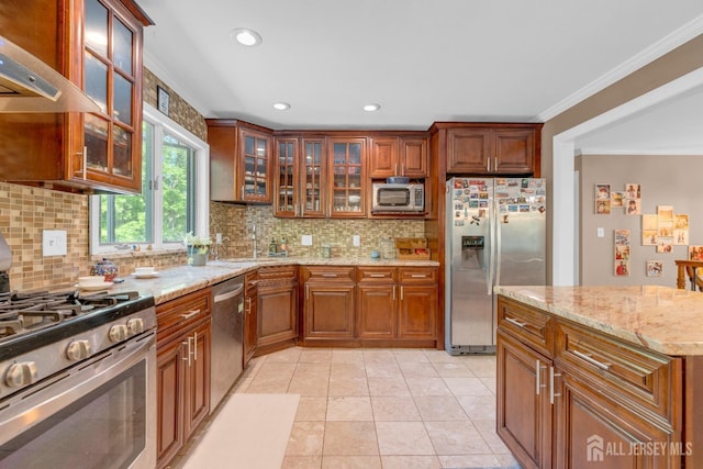 kitchen featuring stainless steel appliances, exhaust hood, a sink, ornamental molding, and backsplash