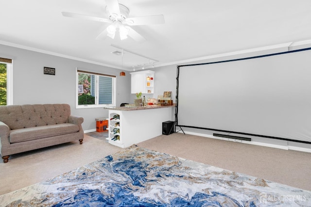 cinema featuring crown molding, light colored carpet, ceiling fan, rail lighting, and baseboards