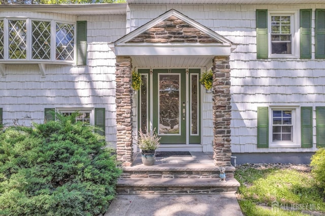 doorway to property with stone siding