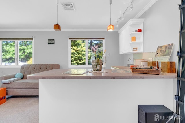 kitchen with open shelves, crown molding, a peninsula, white cabinets, and healthy amount of natural light