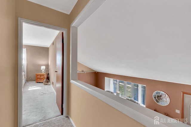 hall featuring carpet flooring and baseboards
