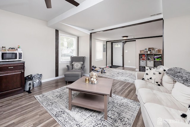 234 W Church St, Gloucester Twp, NJ 08012 - living room featuring ceiling fan, visible vents, baseboards, and light wood finished floors