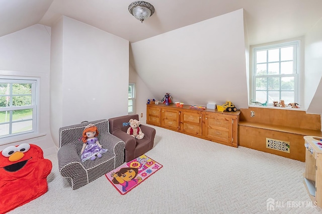 234 W Church St, Gloucester Twp, NJ 08012 - game room featuring vaulted ceiling, carpet, and visible vents