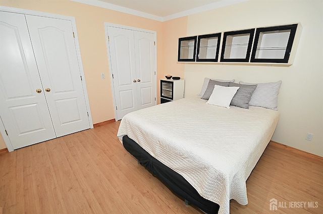 1329 Crown Ln, South Plainfield, NJ 07080 - bedroom featuring light wood-style floors, two closets, and ornamental molding