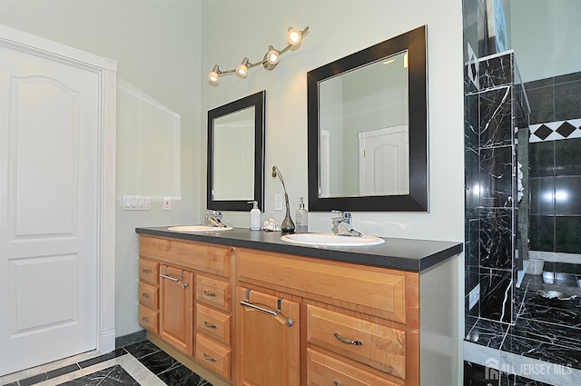 1329 Crown Ln, South Plainfield, NJ 07080 - bathroom featuring double vanity, tiled shower, and inlaid floor details