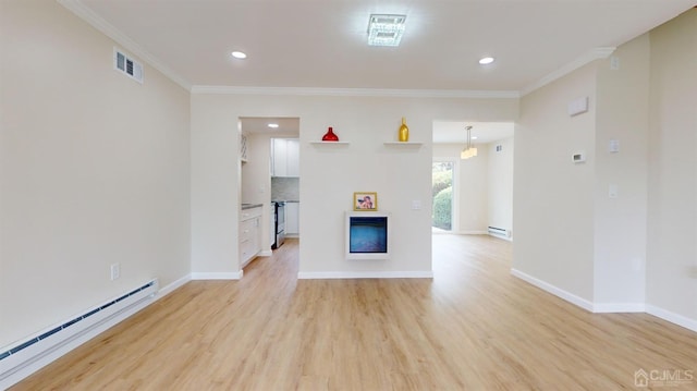 unfurnished living room featuring a baseboard heating unit, crown molding, and light hardwood / wood-style flooring