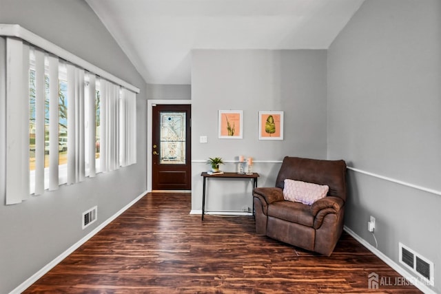 foyer entrance featuring lofted ceiling and dark hardwood / wood-style floors