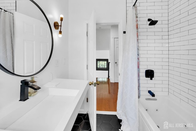 369 N Main St, Milltown, NJ 08850 - full bathroom featuring tile patterned flooring, shower / tub combo with curtain, and vanity