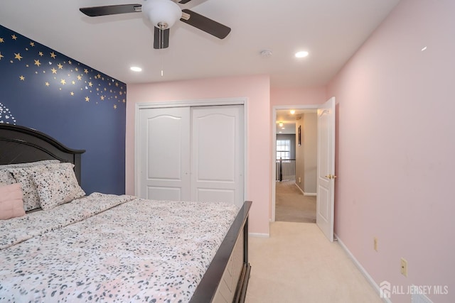 108 Jared Dr, North Brunswick, NJ 08902 - bedroom featuring a closet, light colored carpet, recessed lighting, and ceiling fan