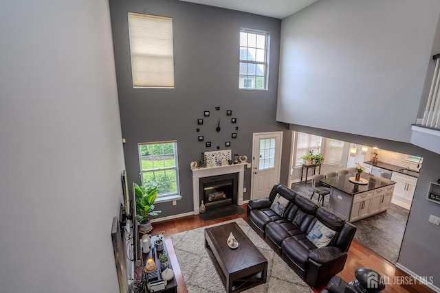 108 Jared Dr, North Brunswick, NJ 08902 - living area featuring dark wood-style floors, a towering ceiling, healthy amount of natural light, and a glass covered fireplace
