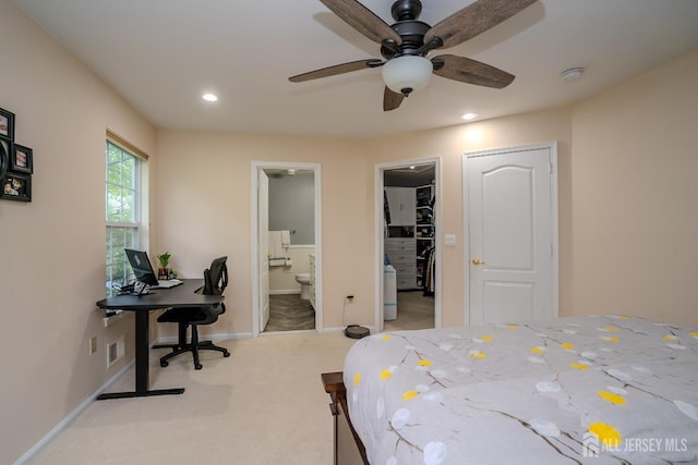 108 Jared Dr, North Brunswick, NJ 08902 - carpeted bedroom with an office area, recessed lighting, connected bathroom, a walk in closet, and a ceiling fan