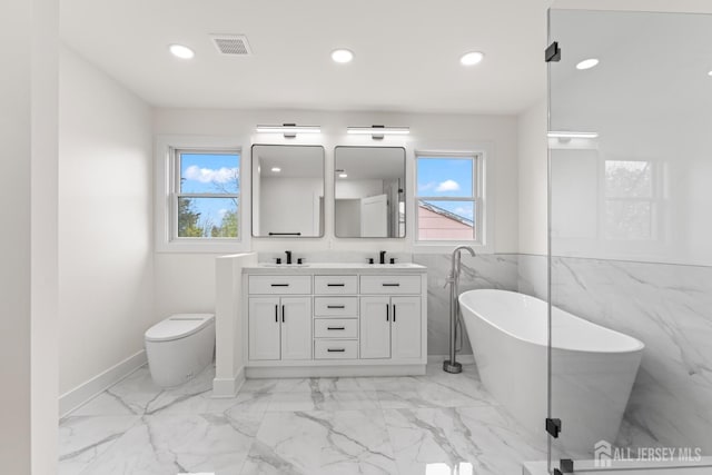 full bathroom featuring plenty of natural light, visible vents, and marble finish floor