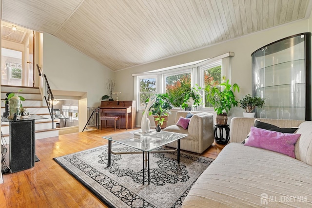 10 Denman Dr, Fords, NJ 08863 - living area with wood finished floors, wooden ceiling, lofted ceiling, and stairway