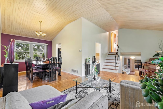 10 Denman Dr, Fords, NJ 08863 - living room featuring lofted ceiling, a chandelier, wooden ceiling, stairs, and wood finished floors