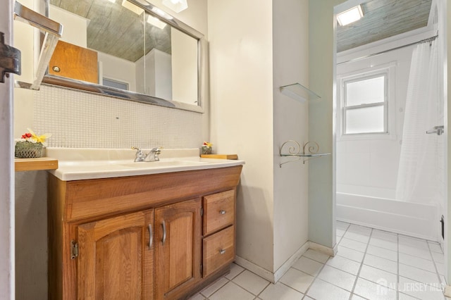 10 Denman Dr, Fords, NJ 08863 - full bathroom with tasteful backsplash, vanity, tile patterned flooring, and shower / bath combo with shower curtain