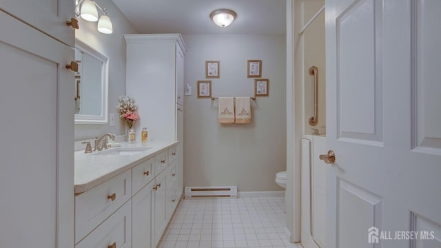 741-B Nautilus Ct Unit B, Monroe, NJ 08831 - full bathroom featuring baseboard heating, vanity, toilet, and a shower