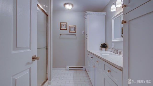 741-B Nautilus Ct Unit B, Monroe, NJ 08831 - bathroom featuring a baseboard radiator, vanity, a shower with door, and baseboards
