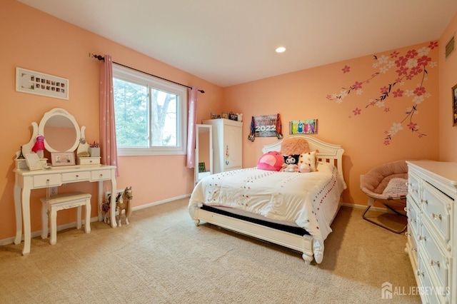 bedroom featuring baseboards, recessed lighting, visible vents, and light colored carpet