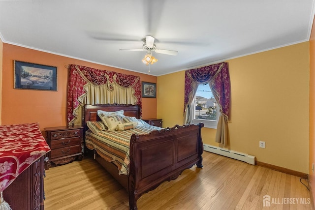 bedroom featuring ornamental molding, light wood-type flooring, baseboards, and a baseboard radiator