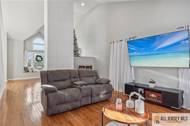 living room featuring hardwood / wood-style floors and high vaulted ceiling