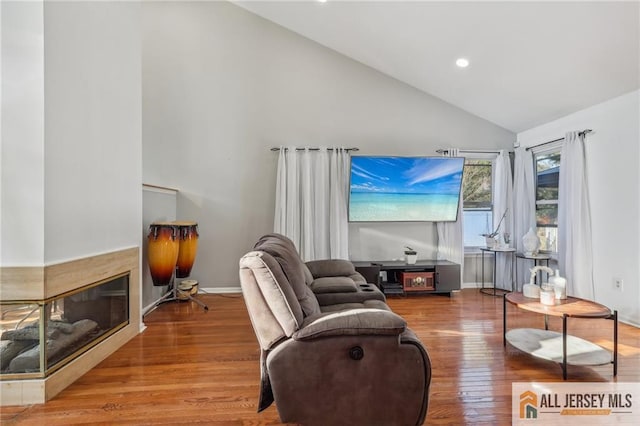 living room with hardwood / wood-style flooring, a multi sided fireplace, and high vaulted ceiling