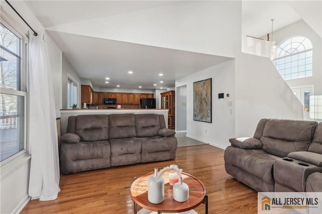 living room featuring a high ceiling and light wood-type flooring