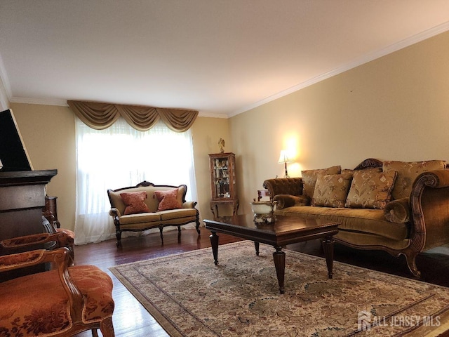 4 Hollis Rd, East Brunswick, NJ 08816 - living area featuring wood finished floors and crown molding